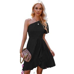 Anna Kaci NEW Black One Shoulder Ruffle Hem Dress Size S M L XL